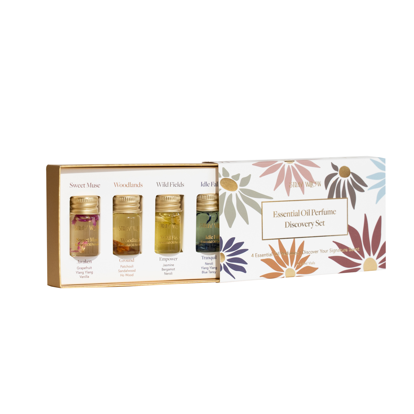 Discover a curated collection of four miniature scents to indulge your senses and inspire your journey of self-expression. Each mini perfume is crafted with 100% natural essential oils, letting you explore and embrace the art of scent in its purest form.