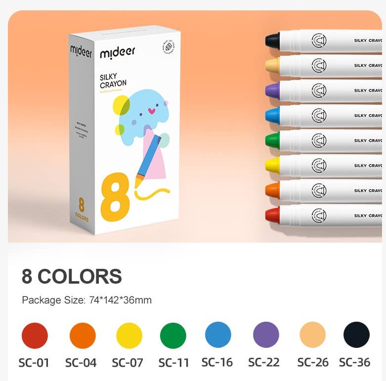 Unleash creativity with the Mideer Silky Crayon set, featuring 8 vibrant colors.
These crayons are designed for smooth, effortless application on paper, offering rich, bold hues that blend beautifully.
Their silky texture ensures a pleasant drawing experience, making them perfect for young artists and coloring enthusiasts. Ideal for adding a splash of color to any artistic project, this set is a fantastic addition to any art supply collection.