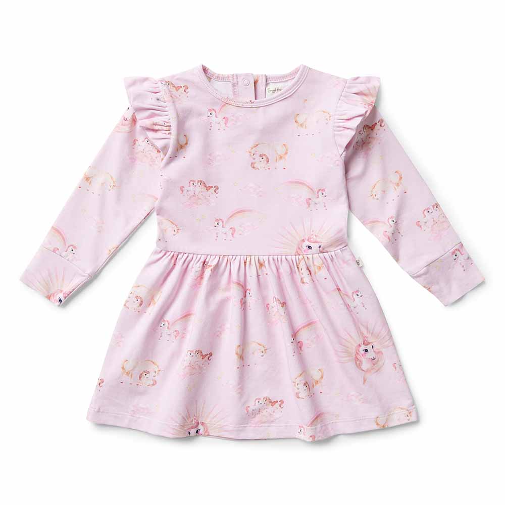 Soft and stretchy, These dresses are easy-care and very comfy for bub.  The sizes up to and including size 1 come with a snap underbody to go over a nappy. Size 2 and over doesn't have the snap body feature. We have really focused on the details and ensured the dresses up to size 1 are short enough so that a baby can crawl and not trip over the skirt.