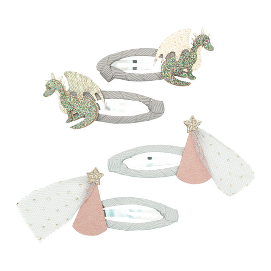 These dainty little dragon and princess hat hair clips are as perfect for parties as they are for everyday fairytale play!  • 4 in a pack • 5cm grosgrain ribbon wrapped clic clac clips