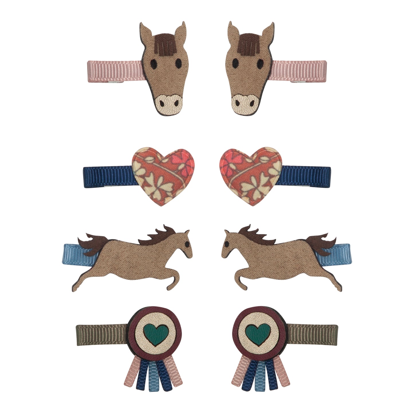 8 in a pack Grosgrain ribbon wrapped alligator clips Ponies and rosettes crafted from soft suedette, floral print, matt and metallic fabrics with grosgrain ribbons to complete the rosettes