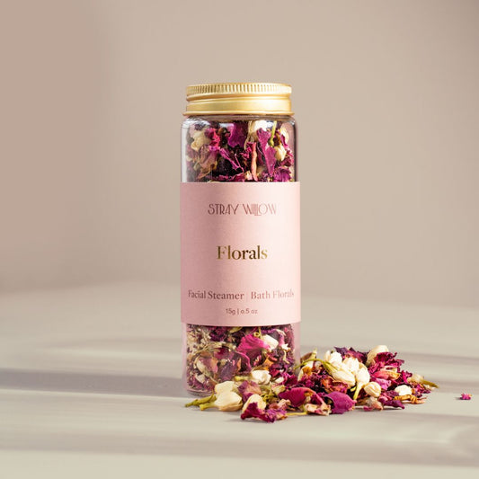 Our Floral Blend is designed to be a little vial of love.  The versatile florals look stunning on your vanity, create a luxurious floral bath experience and are an indulgent skin treat when used for a facial steam.   
