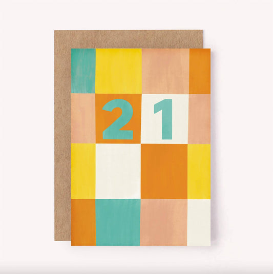 Mark a special 21st birthday with a colourful card from our milestones collection.  &nbsp;Featuring a bright, illustrated check design with a turquoise "21".  Blank inside for a personal message - A6 / 105 x 148mm  - Printed in Australia on 100% recycled paper&nbsp;