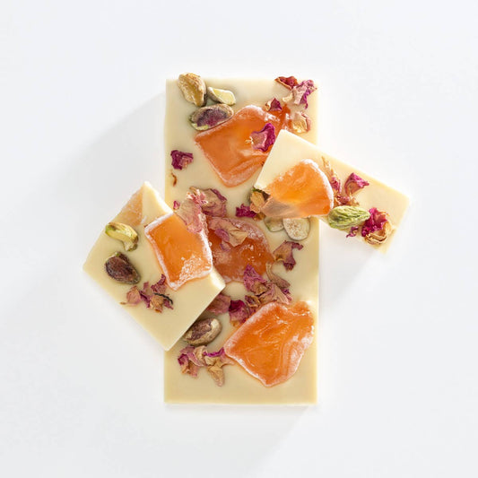 White Chocolate Bar with Tyurkish, Rose and Pistachio. Delicious Smooth White Chocolate Bar Topped with Soft Turkish Delight, Pistachios &amp; Organic Dried Rose Petals.  Charlotte Piper is a small family owned Boutique Fudge &amp; Chocolate business based in the small Rural Victoria Town of Kerang.