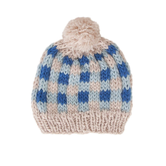 Gingham checked design beanie - We just love this clever hand-knitted design, a three coloured checked design giving a gorgeous gingham look with a fun pom pom on top. Lovingly hand-knitted