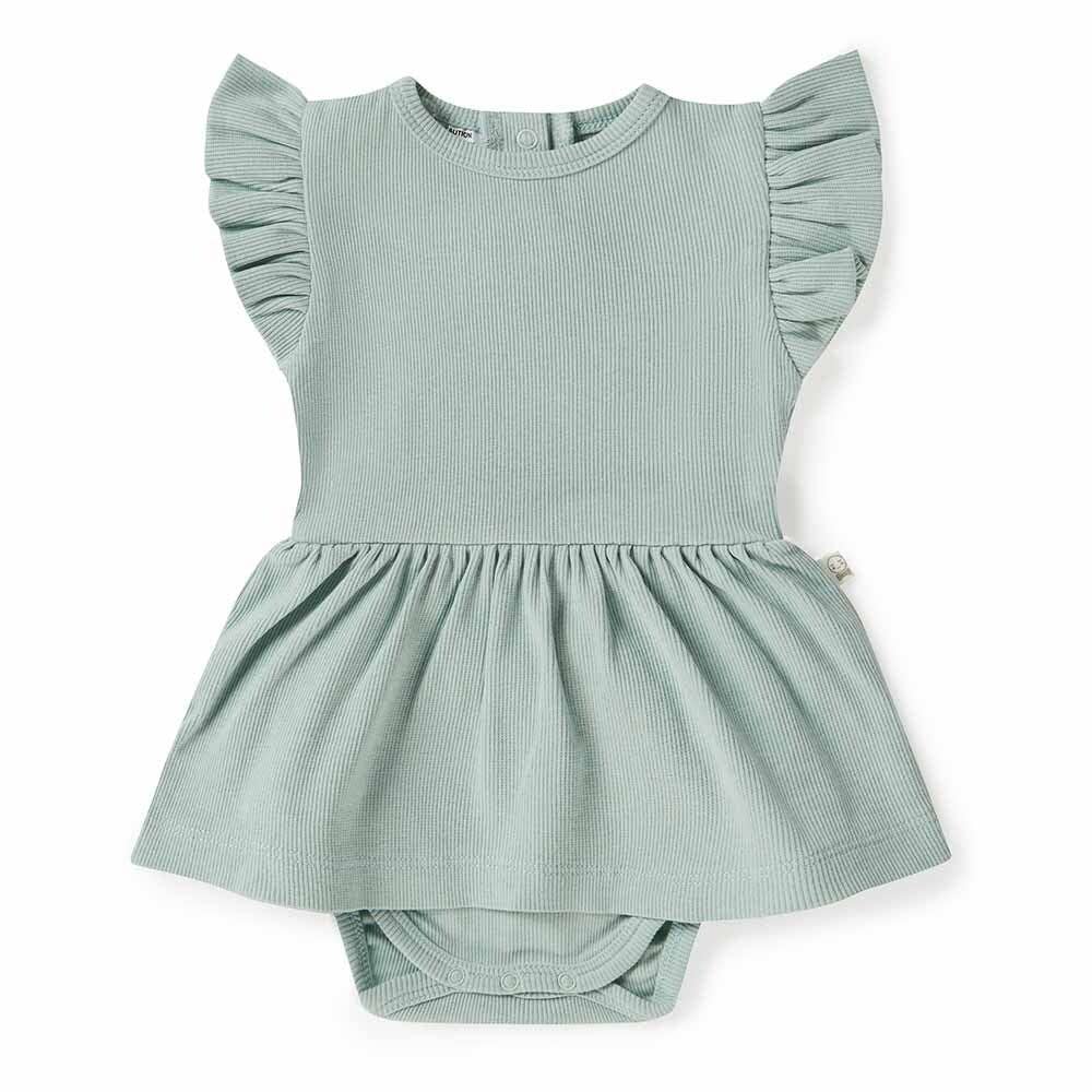  This short-sleeve dress comes in our beautiful sage ribbed organic cotton, perfect for summer.  Soft and stretchy, they are easy-care and very comfy for bub.  The sizes up to and including size 1 come with a snap underbody to go over a nappy.  Short enough so that a baby can crawl and not trip over the skirt. 