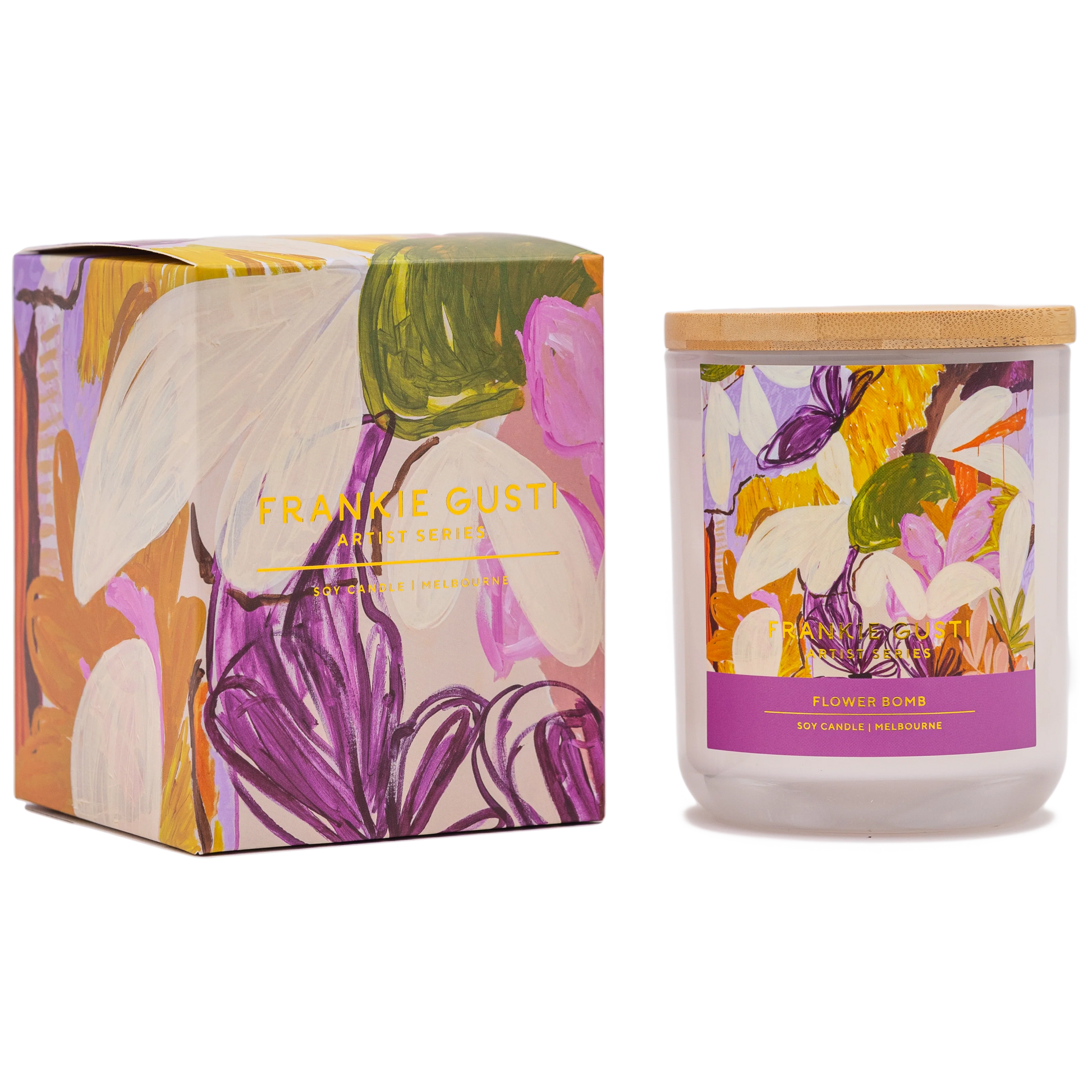 Australian artsist Candle A magic garden of jasmine, ylang ylang + huckleberry, with fresh bursts of lemon + bergamot, finished with creamy sandalwood, tonka bean, madagascan vanilla, and sweet amber.50hr burn 100% pure soy wax Lead free cotton wick Cruelty free + vegan High quality fragrance oil with essential oil extracts