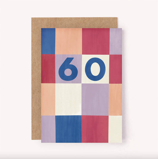 Mark someone turning 60 with a colourful card from our birthday age milestones collection.  &nbsp;Featuring a bold, illustrated check design with a navy "60".  Blank inside for a personal message