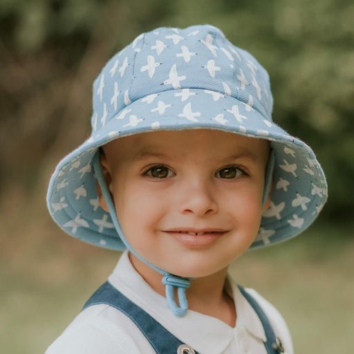 The Bedhead Toddler Bucket hat is a fabulous baby sun hat featuring a soft flexible brim and rated is UPF50+ Excellent Protection!  Our Toddler Buckets have a soft flexible brim that introduces babies and toddlers to an angled brim that frames their line of sight. All Bedhead hats are made from our super-stretchy and lightweight cotton jersey and come with a stretchy chin strap 