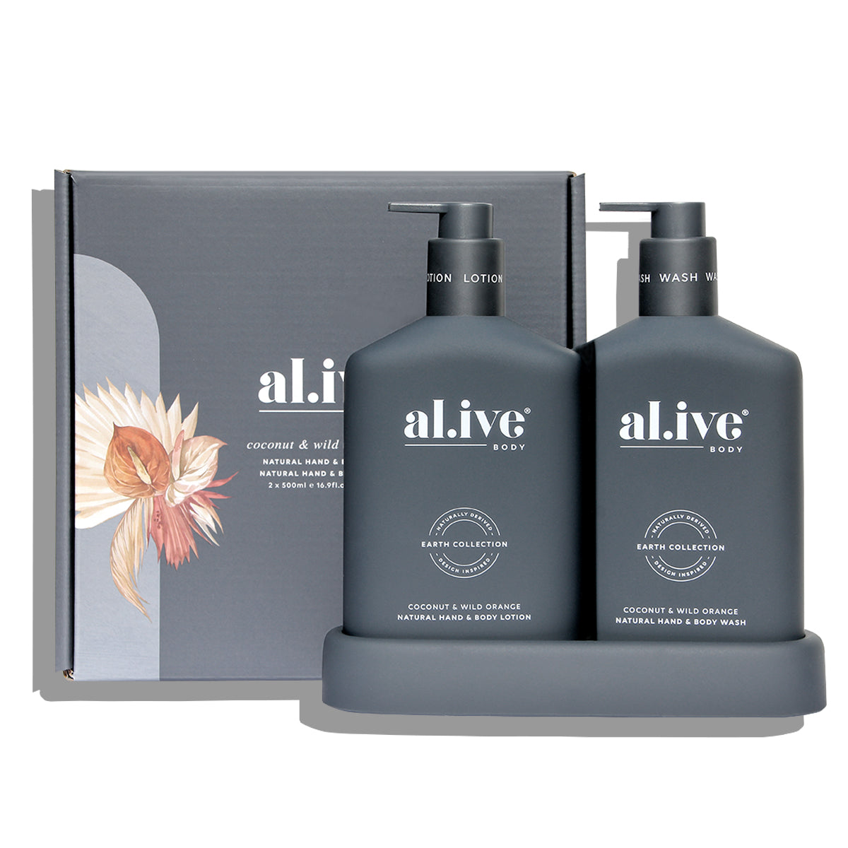 The al.ive body Coconut & Wild Orange Hand & Body Wash/Lotion Duo contains a luxurious blend of naturally derived ingredients, fortified with essential oils and native botanical extracts.  The Duo includes a 500ml hand & body wash, 500ml hand & body lotion and a matching tray.