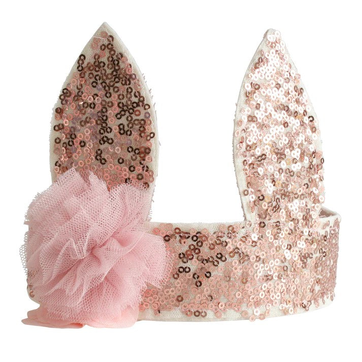 A sparkly sequin adjustable bunny crown for playtime.  Bright sequins and felt with linen backing.  Ribbon ties.