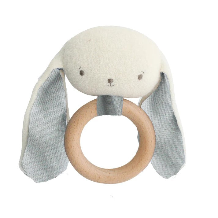 A cute Grey bunny rattle teether.   Features:  Cotton & polycotton Natural beechwood teether Embroidered face Safe from 3 months Spot clean