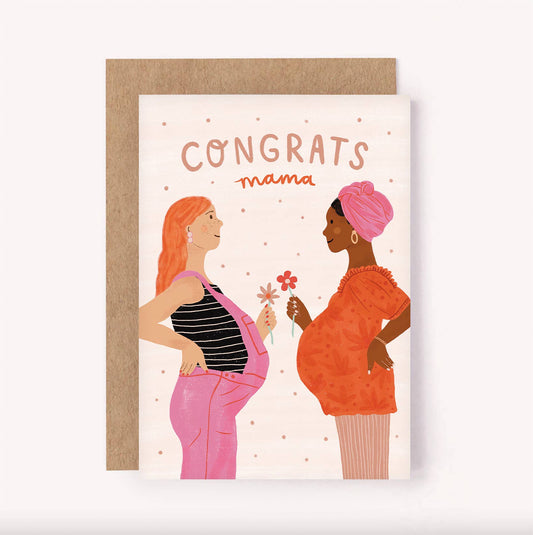 Congratulate a new Mama or Mama-to-be with this illustrated greeting card.  The colourful design features two pregnant women holding a flower each as they smile at each other.  Perfect for a baby shower, to congratulate an expecting Mum or as a thoughtful gift for a new parent.  Blank inside for a personal message