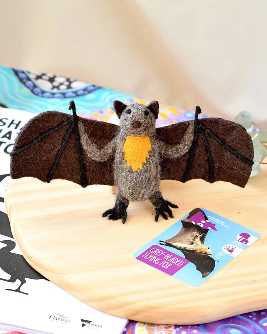  The Grey-Headed Flying Fox can be found near Australia Victoria's rivers and wetlands. If you're seeking a unique and natural addition to your collection of felt toy animals, our Felt Grey-Headed Flying Fox is the perfect choice. Ethically hand-felted from 100% New Zealand wool Coloured with azo-free dye, safe for children and pets