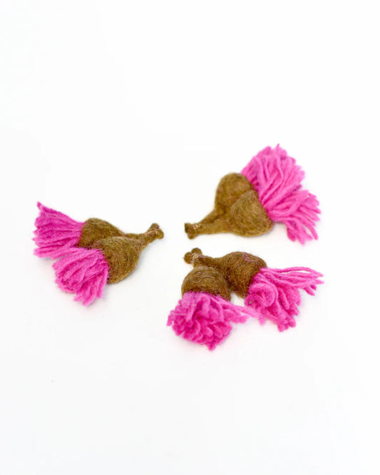Set of 3 felt gum blossoms. Felt Australian gum blossoms are a beautiful representation of the vibrant flora found in the Australian landscape. These delicate blooms are created using wool felt,&nbsp;meticulously stitched&nbsp;and shaped to capture the intricate details of each gum blossom.  With their iconic shape and stunning colors, felt gum blossoms are the perfect addition to any home or event decor.