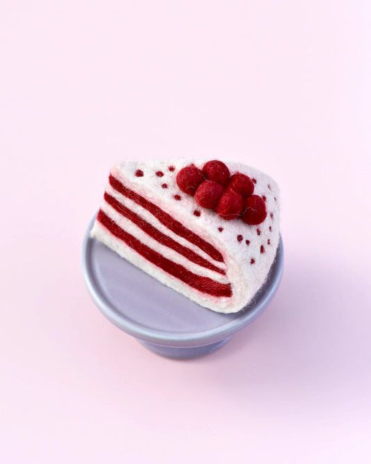 Whether it's a pretend birthday celebration, a make-believe tea party, or a cozy play kitchen, this Felt Red Velvet Cake Slice adds a touch of sweetness to any imaginative play scenario.  Each Red Velvet Cake has been meticulously felted with dense wool that has been dyed with non-toxic colours, making it safe for play