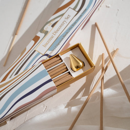 Discover the art of relaxation with our Incense Discovery Kit. This thoughtfully curated set includes 18 hand-crafted incense sticks - 6 each of our signature blends, along with a mini brass incense holder. Each blend is meticulously crafted using 100% natural ingredients, offering a unique aromatic experience that enhances your self-care rituals.