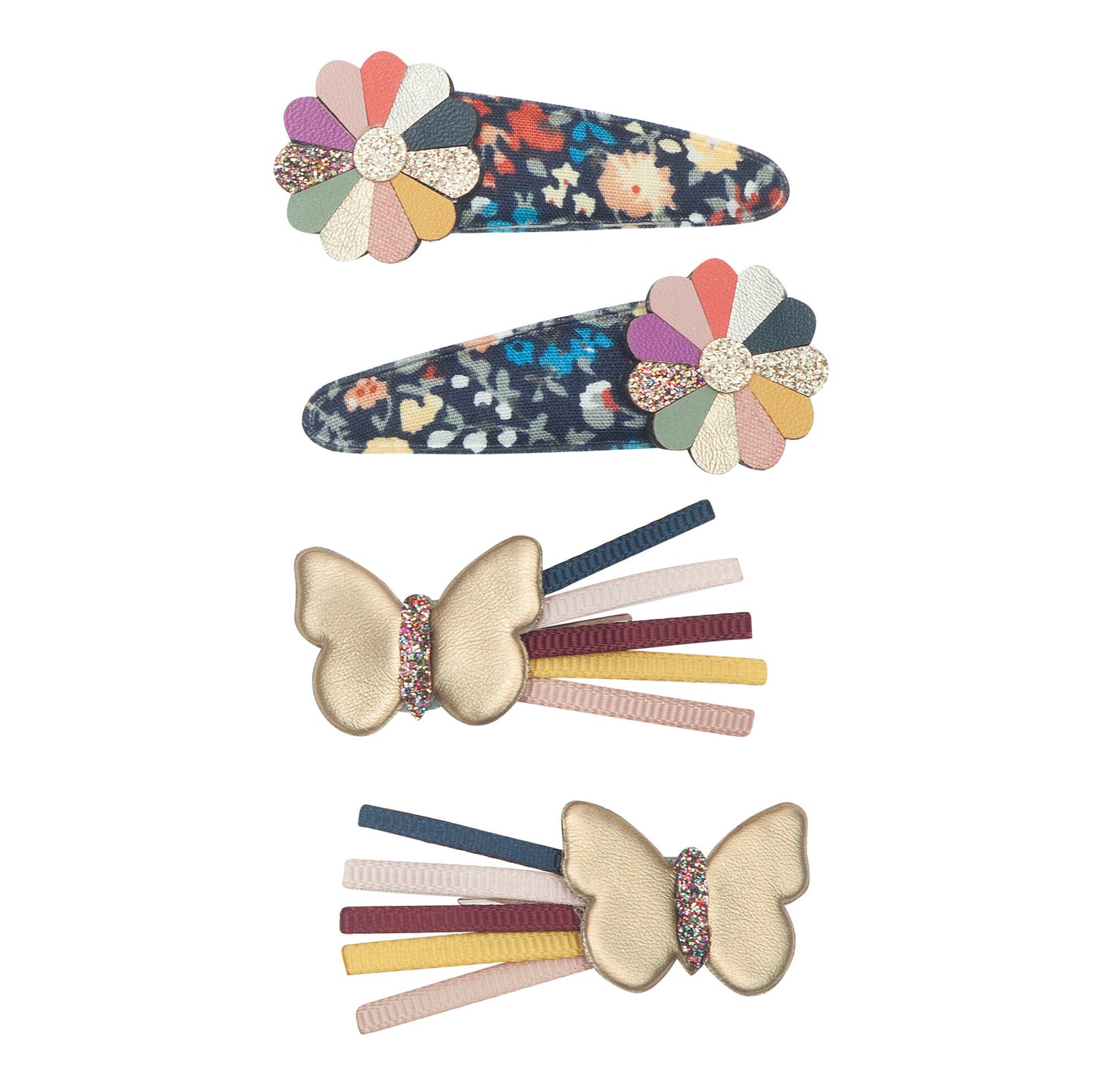 Two intricately crafted dazzling flower heads and two super sweet golden butterflies, the perfect clip pack to suit every mood! These versatile clips are just perfect for every day.