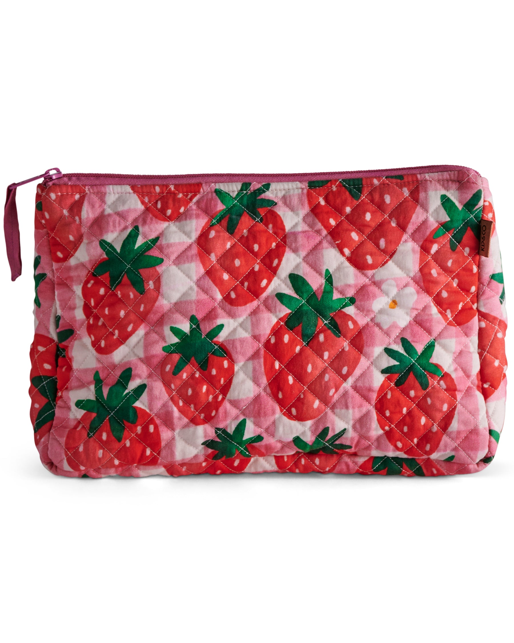 The Strawberry Jam Quilted Cotton Toiletry Purse is the newest style cosmetics toiletry pouch to hit the Kip&amp;Co bathroom accessories collection. Made from 100% cotton in a quilted soft structure, this generously sized purse has a built in gusset to squeeze in as much space as possible, so you can pack all your toiletry favourites with ease.