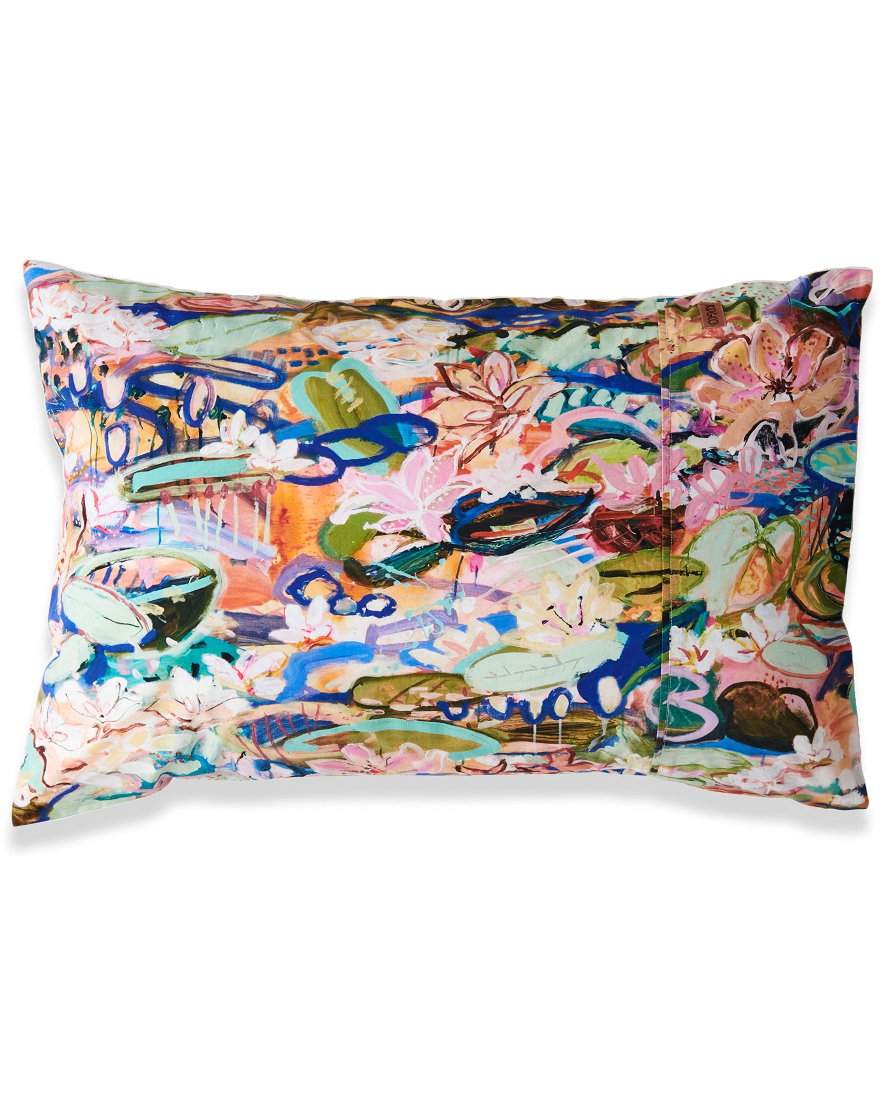 The Kip&Co x Kezz Brett Waterlily Waterway Organic Cotton Pillowcases feature a stunning painterly scene of water lilies and other pond blooming plants with layers of superb details in a spectrum of cool tone colours.