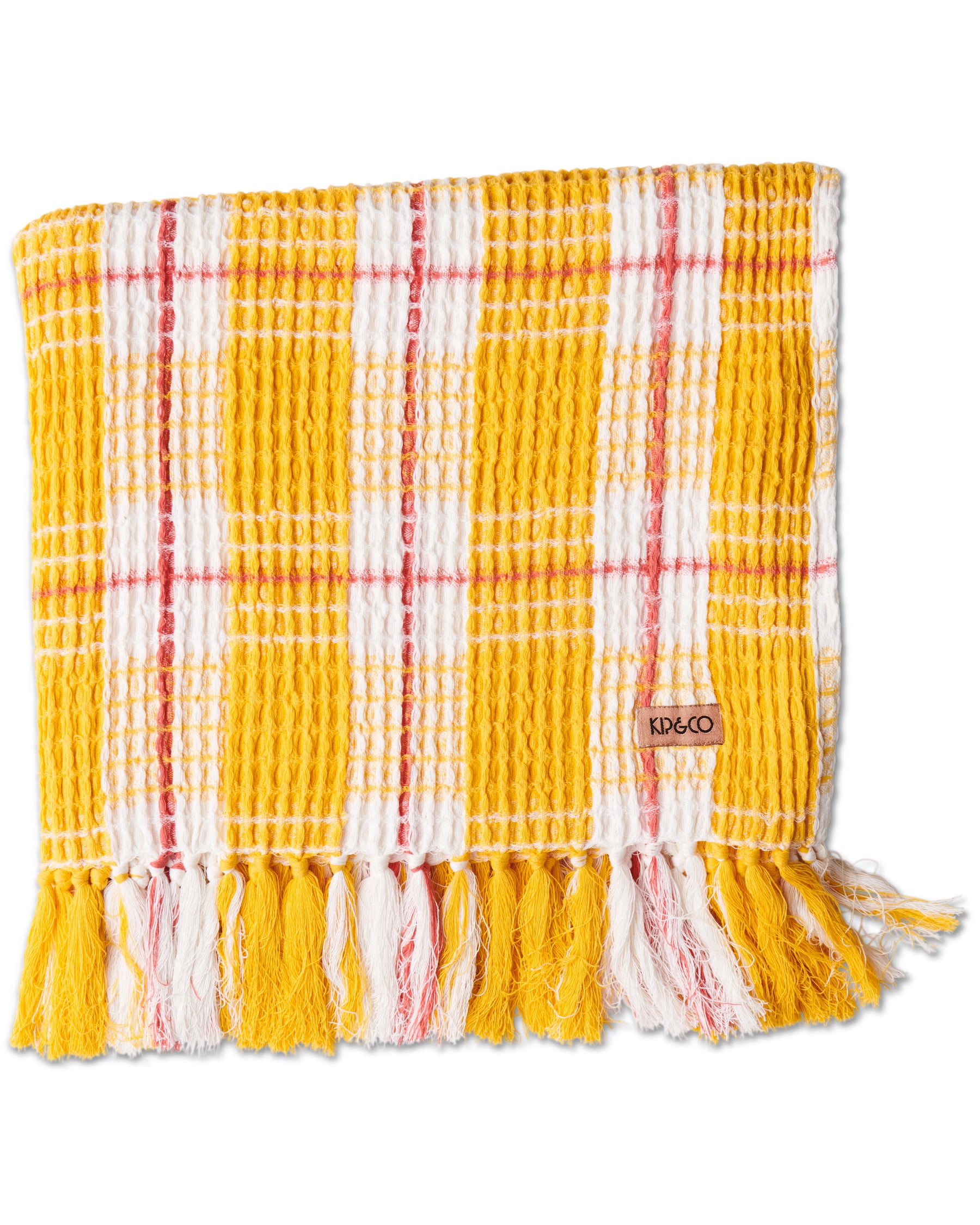 Bring on the beach with our waffle bath sheet / beach towel. The generous size of these towels make them suitable as both a luxurious bath sheet and large beach towel. Lightweight, fast drying and compact for packing into summer totes and heading to the dunes. The Lemon Meringue Waffle Bath Sheet / Beach Towel features a yellow and white tartan with salmon pink stripe. 100% cotton waffle.   175 