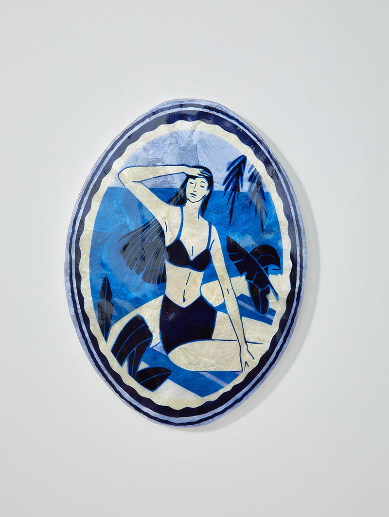 Introducing our captivating Resort Wall Art series, where swimsuit clad women bask in the shimmering ambiance of a glamorous hotel resort pool. Each piece is meticulously designed and hand-painted on authentic capiz shell from the Philippines, making every artwork a unique piece.