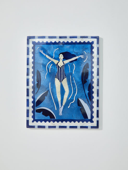 introducing our captivating Resort Wall Art series, where swimsuit clad women bask in the shimmering ambiance of a glamorous hotel resort pool. Each piece is meticulously designed and hand-painted on authentic capiz shell from the Philippines, making every artwork a unique piece. 
