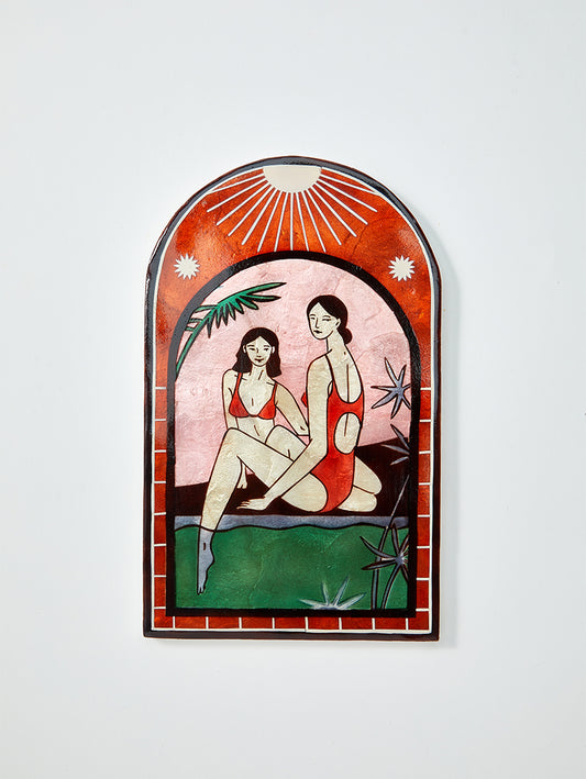 ntroducing our captivating Resort Wall Art series, where swimsuit clad women bask in the shimmering ambiance of a glamorous hotel resort pool. Each piece is meticulously designed and hand-painted on authentic capiz shell from the Philippines, making every artwork a unique piece. 