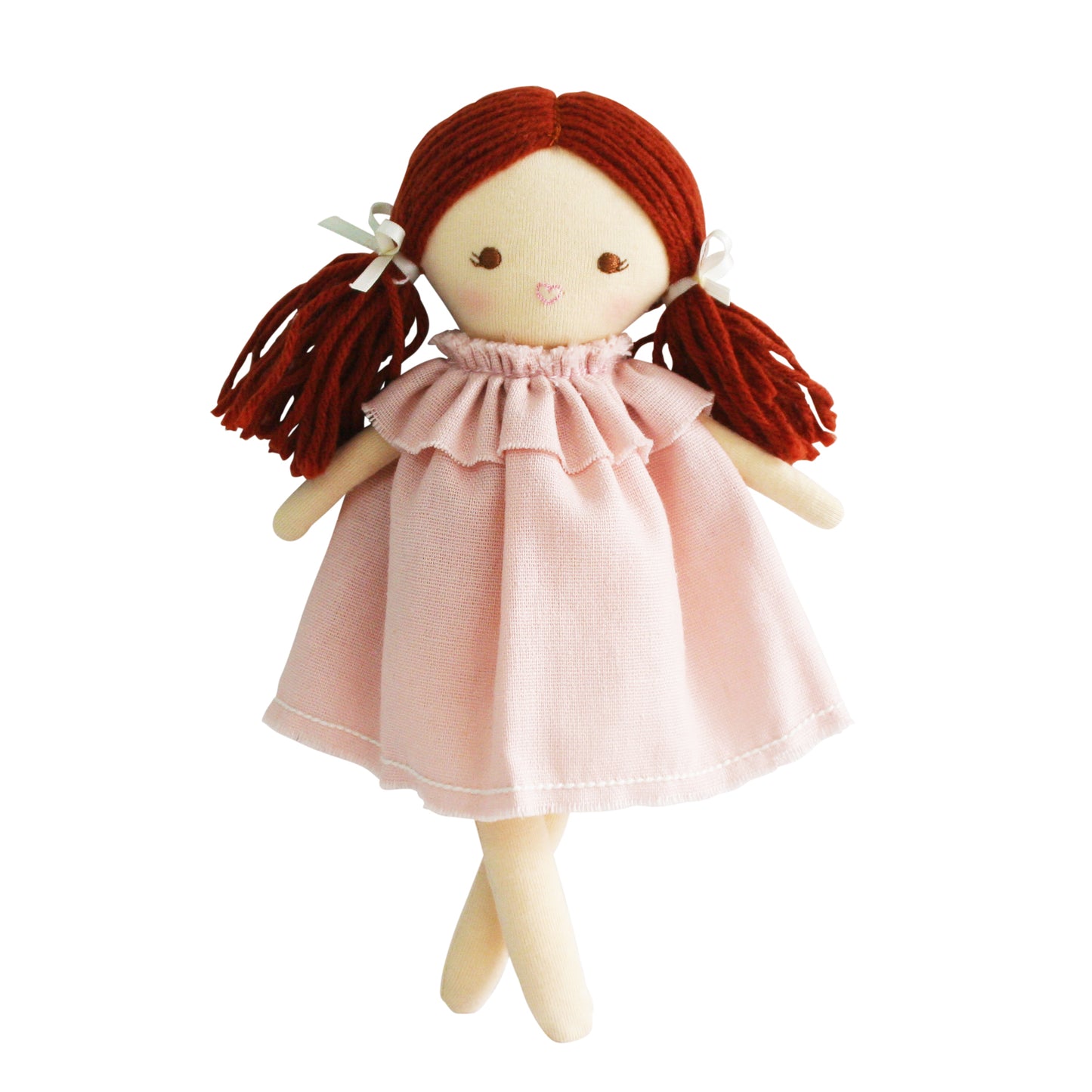 Mini matilda is an adorable doll with gorgeous red hair and an on trend pink linen frock that is removable, encouraging developmental play. 