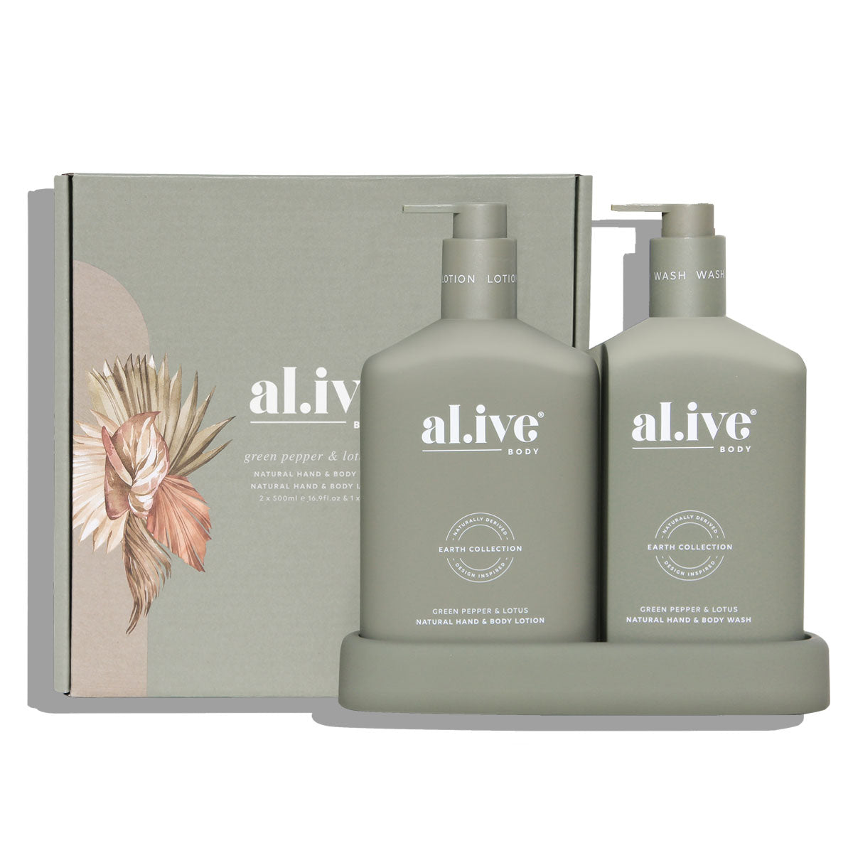    The al.ive body Green Pepper & Lotus Hand & Body Wash/Lotion Duo contains a luxurious blend of naturally derived ingredients, fortified with essential oils and native botanical extracts.  The Duo includes a 500ml hand & body wash, 500ml hand & body lotion and a matching tray.