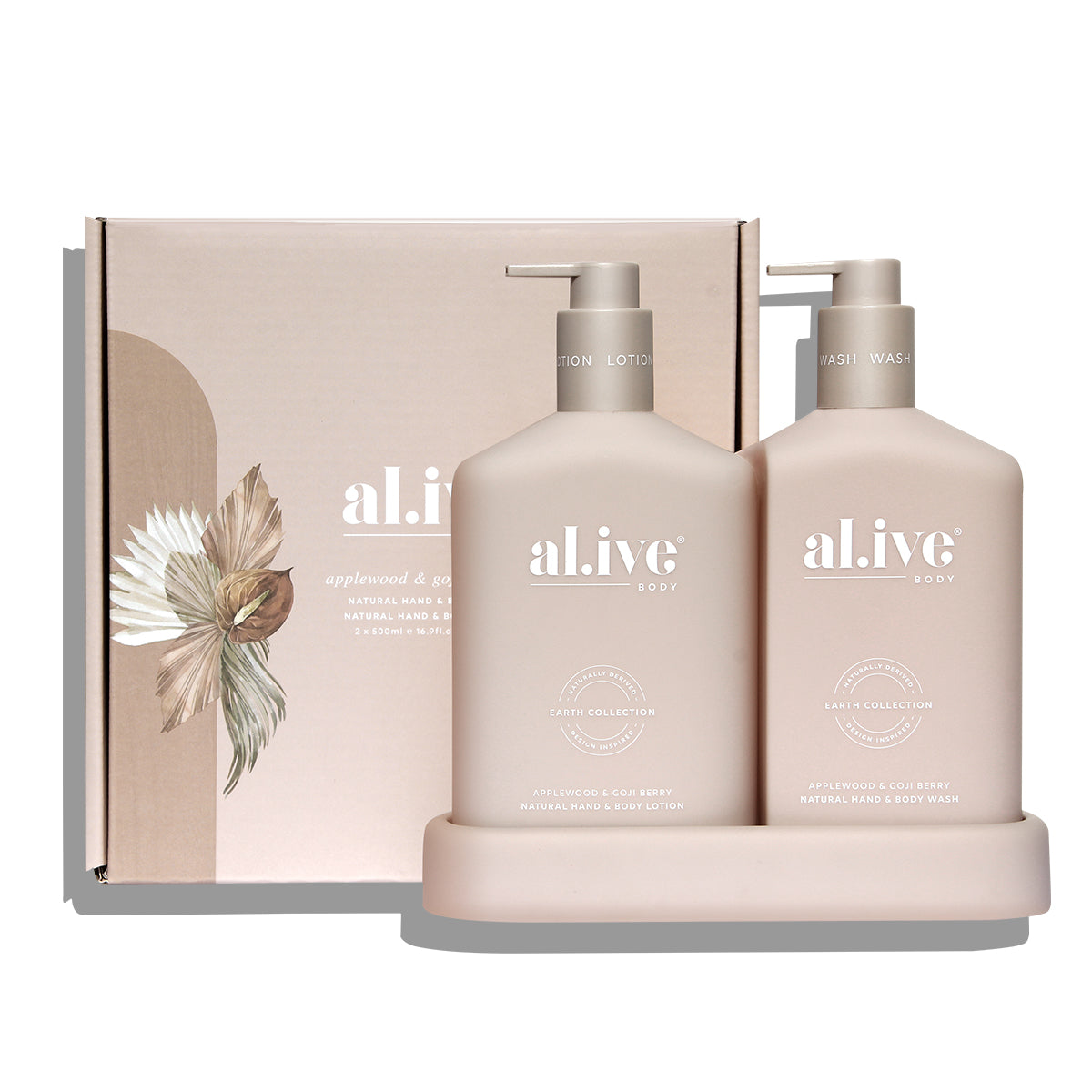 The al.ive body Applewood & Goji Berry Hand & Body Wash/Lotion Duo contains a luxurious blend of naturally derived ingredients, fortified with essential oils and native botanical extracts.  The Duo includes a 500ml hand & body wash, 500ml hand & body lotion and a matching tray.