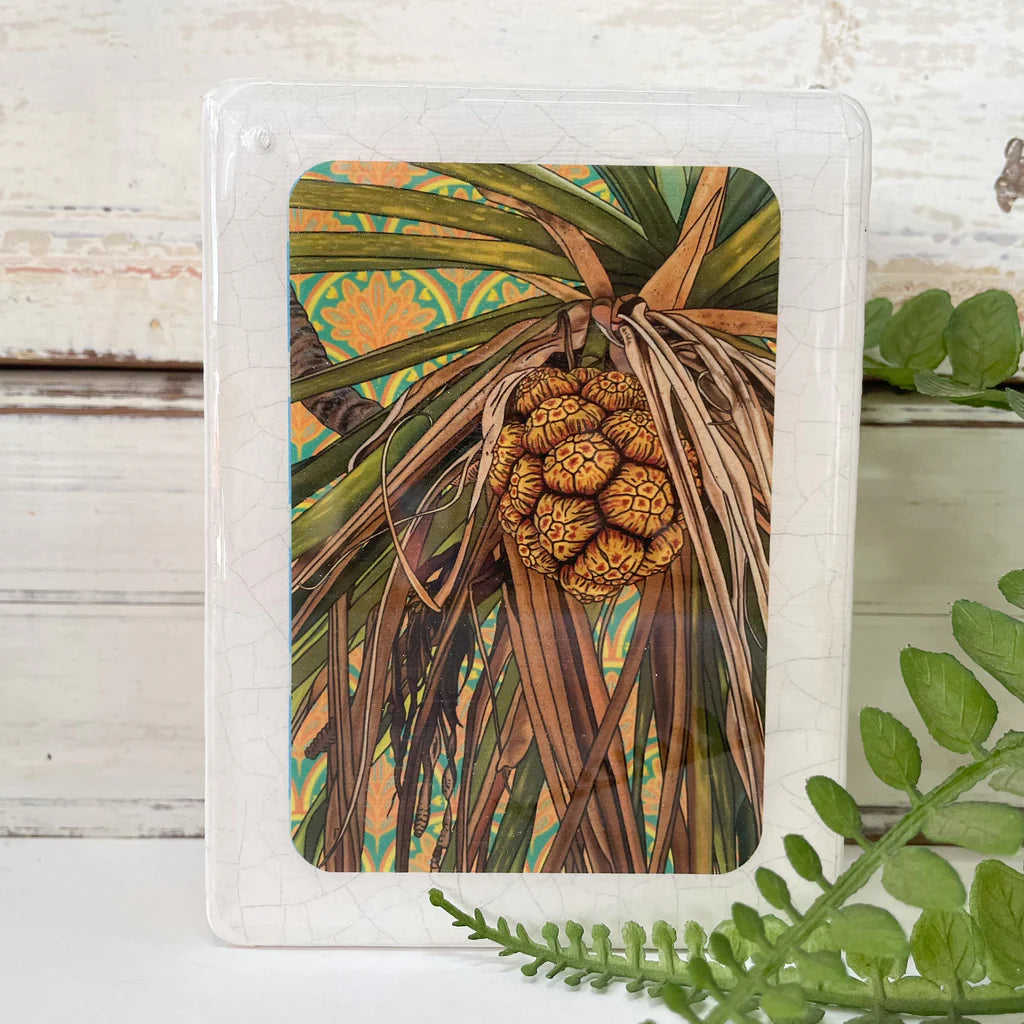 pandanus tree woodblock, australian artist, resin and material, handrawn