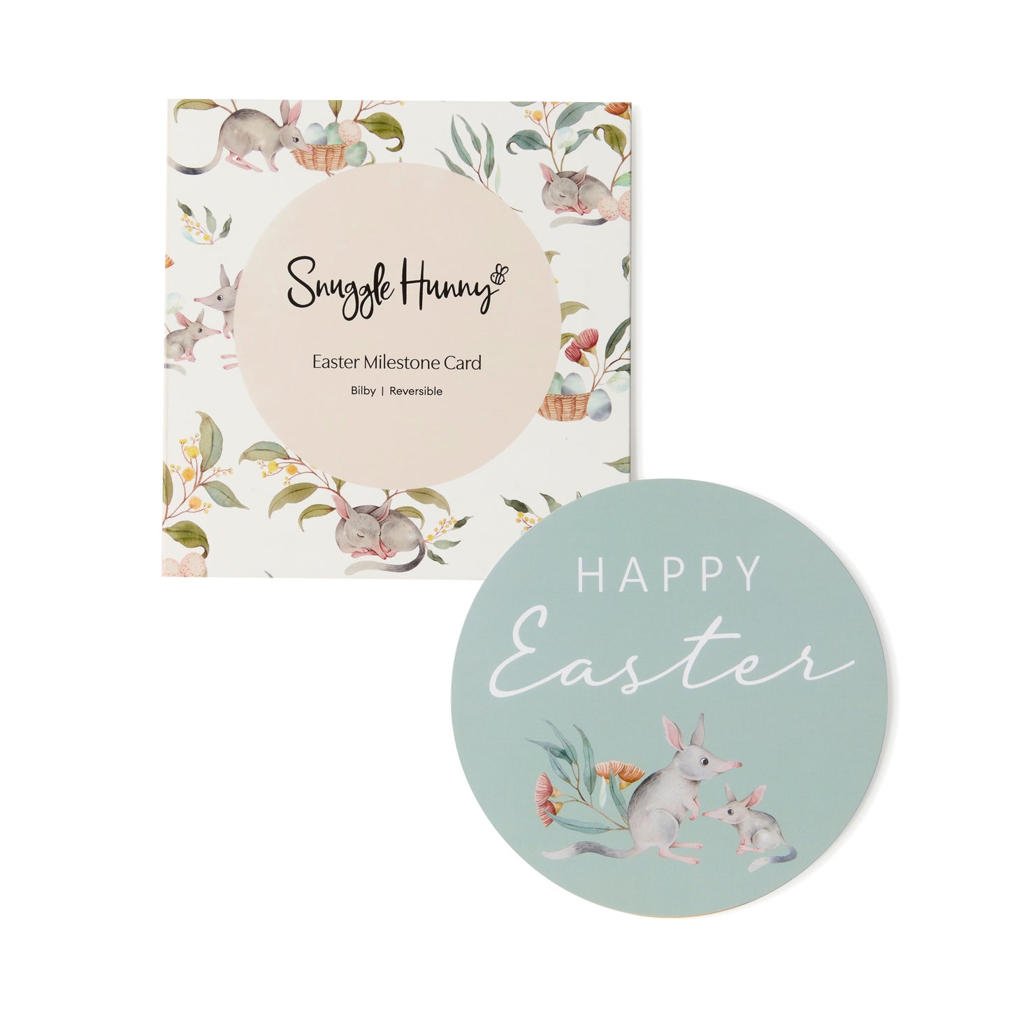 Capture your baby's milestone moments and document their first Easter in photographs to treasure for a lifetime with our Easter Bilby Card. This 2 in 1 pack contains 1 Reversible milestone card that coordinates with a range of our products.  The Card Reads:  My first Easter on one side Happy Easter on the other side It comes in a keepsake envelope.  Cards are 14cm in diameter.