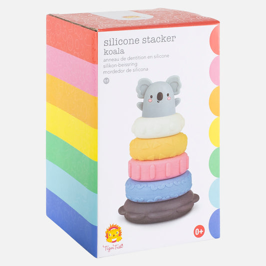 A cute koala sits atop five differently textured teething rings of graduating sizes. Perfect for teething babes, the soft, food-grade silicone rings are easy for little hands to grasp and designed to soothe and comfort sore gums, while toddlers can develop hand-eye coordination and fine motor skills by stacking the Koala tower in different combinations.
