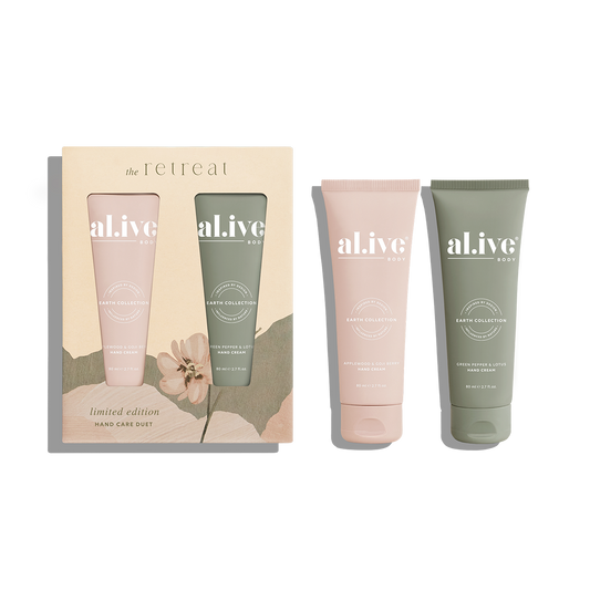 Indulge in a moment of luxury with the al.ive body Hand Care Duet, designed to replenish, nourish, and soften your hands. Featuring two scents, Applewood &amp; Goji Berry for a sweet, zesty uplift and Green Pepper &amp; Lotus for a fresh, tranquil escape - this set offers a unique sensory experience while keeping your skin hydrated and refreshed.