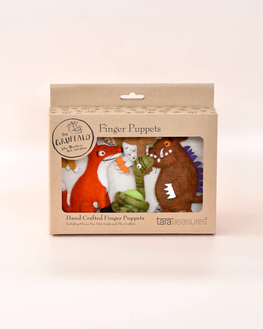 tara treasures ,Step into the deep, dark wood and bring the beloved tale of The Gruffalo to life with our officially licensed Gruffalo Finger Puppets Set. Created in collaboration with Magic Light Pictures, this enchanting play set features all the iconic characters from Julia Donaldson and Axel Scheffler’s modern classic, The Gruffalo, Mouse, Fox, Snake, and Owl, each lovingly handmade from natural wool felt.