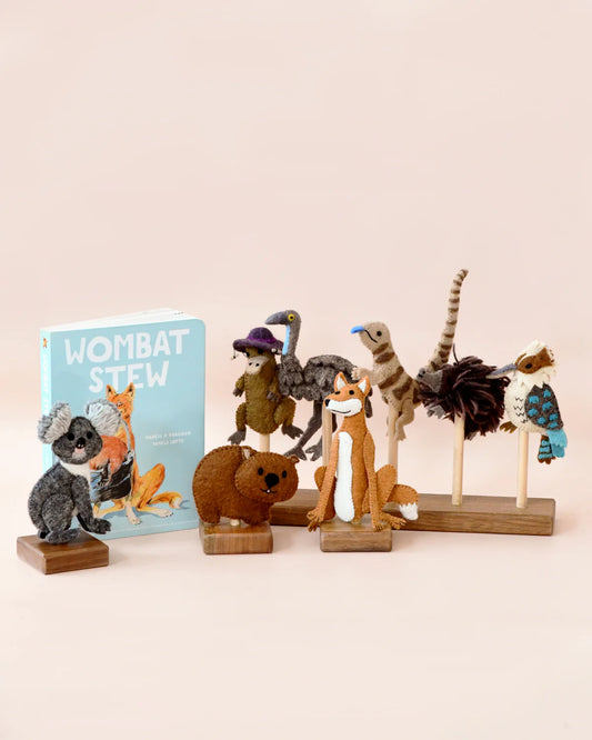 Bring the magic of Wombat Stew to life and let the storytelling fun begin. This beautifully handcrafted finger puppet set features eight iconic Australian bush animals