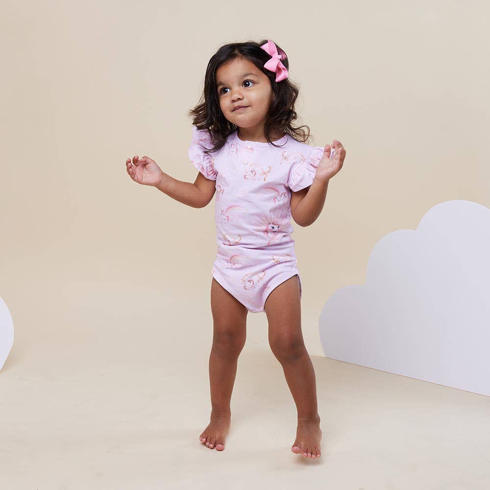 Soft and stretchy, These bodysuits are easy-care and coordinate well with Bloomers, pants and shorts.  The bloomers have sweet frills to match the sleeves on this style. Our bodysuits are also really comfortable to sleep in.   Unicorn is part of Snuggle Hunnys Limited Edition Magic Collection. This collection will not be returning to Snuggle Hunny so once it's gone it's gone.