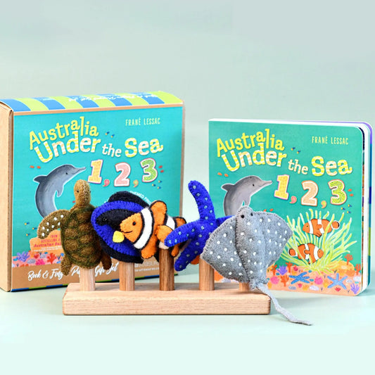 AUSTRALIA UNDER THE SEA 1, 2, 3 BY FRANÉ LESSAC - BOOK AND FINGER PUPPET SET