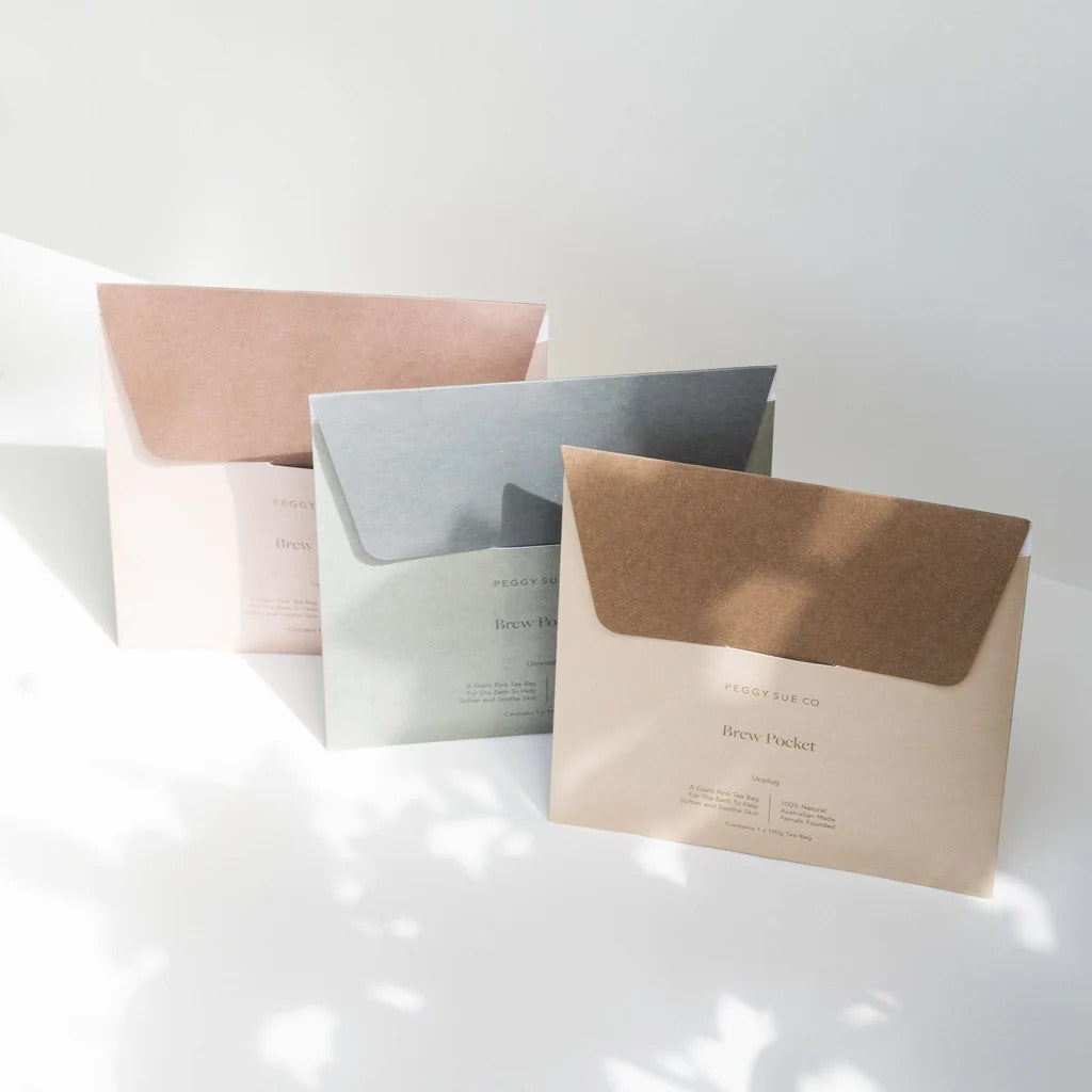 Our Unwind Brew Pocket is a giant tea bag for the bath that creates a colourful and relaxing self-care experience. It works its magic by infusing the water with magnesium, antioxidants, and skin softening oils that work to nourish your skin, soothe + relax muscle tension, and give your soul much-needed rest.