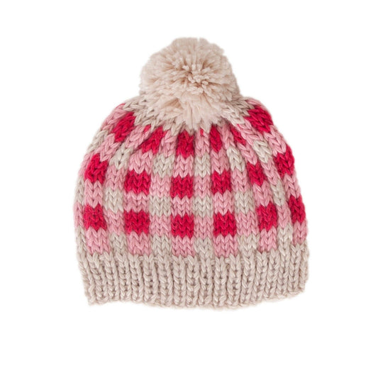 Gingham checked design beanie - We just love this clever hand-knitted design, a three coloured checked design giving a gorgeous gingham look with a fun pom pom on top.