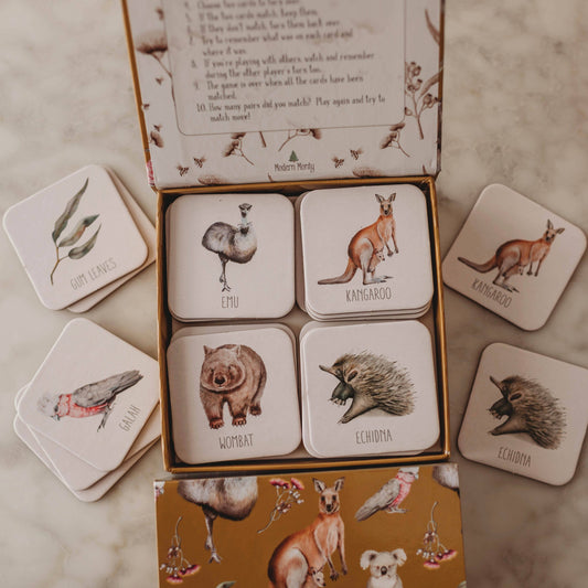 Get your hands on this amazing, modern take on the classic memory game! The beautiful Australia themed art work is exclusive to Modern Monty by Brisbane watercolour artist; Amanda Borchers. Amanda's art captures the spirit of the wild, with natural, life-like colours and gorgeous Scandi simplicity. The realistic art is also intended to start conversations about the natural world around us.