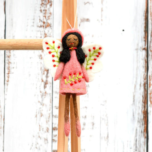 A beautiful angel fairy hanging with embroidered&nbsp;peach pink dress and white wings. She wears a pillbox hat with needle-felted hair.