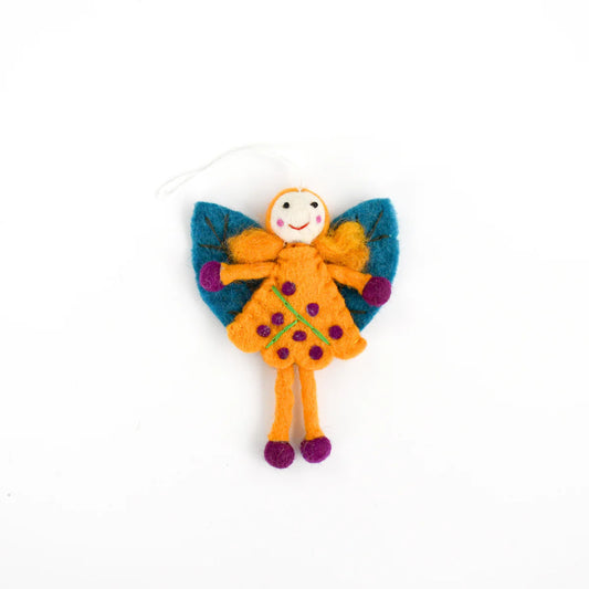 Build a magical playroom and create your own fantasy with these popular&nbsp;felt leaf fairy hangings.&nbsp;This listing is for a small&nbsp;felt fairy hanging with yellow&nbsp;hair, yellow dress and blue&nbsp;wings.  Check out the