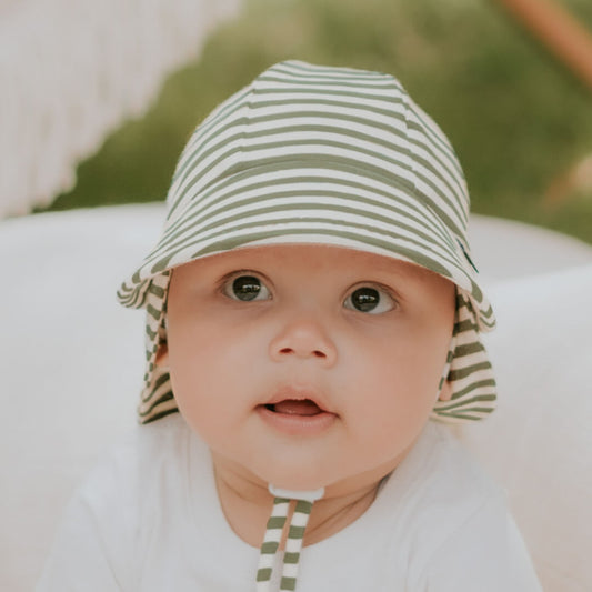 The Legionnaire hat is built for comfort - so much that kids forget they're wearing it! This makes it the best style for hat-haters and babies to wear while in prams and baby carriers. Made with super-stretchy and lightweight cotton jersey for a perfect fit keeping your little ones head cool under the hot Australian conditions & rated UPF50+ excellent protection.