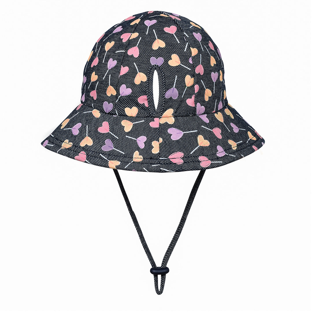 Bucket Hats feature a clever little ponytail slit to keep hot hair off little necks! Made with super-stretchy and lightweight cotton jersey that keeps kids heads cool under the hot Australian conditions with UPF50+ excellent protection.