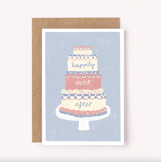 Illustrated tiered wedding cake set upon a blue background reads "Happily Ever After".  A cute but classic wedding card for newlyweds.  Blank inside for a personal message