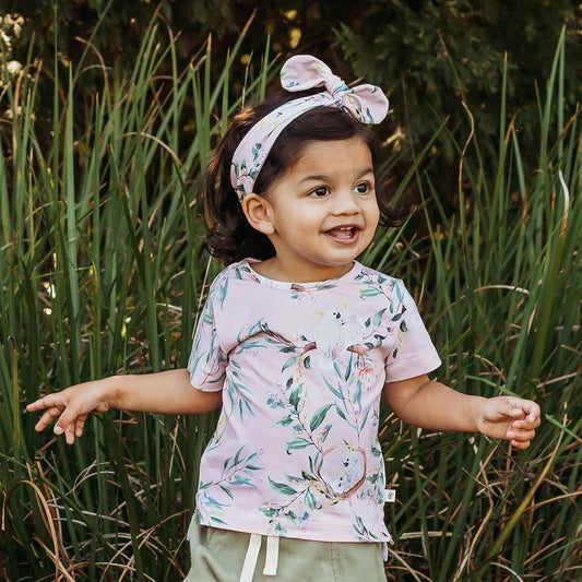 Our T-Shirts are practical whilst being very stylish and coordinate well with our pants and shorts. They are easy to wear and comfy for bub. Cockatoo is a beautiful print celebrating Australian fauna. All Snuggle Hunny clothing is made with GOTS Certified Organic Cotton CU 1182228.  Cockatoo is part of our Bush Friends Collection. 