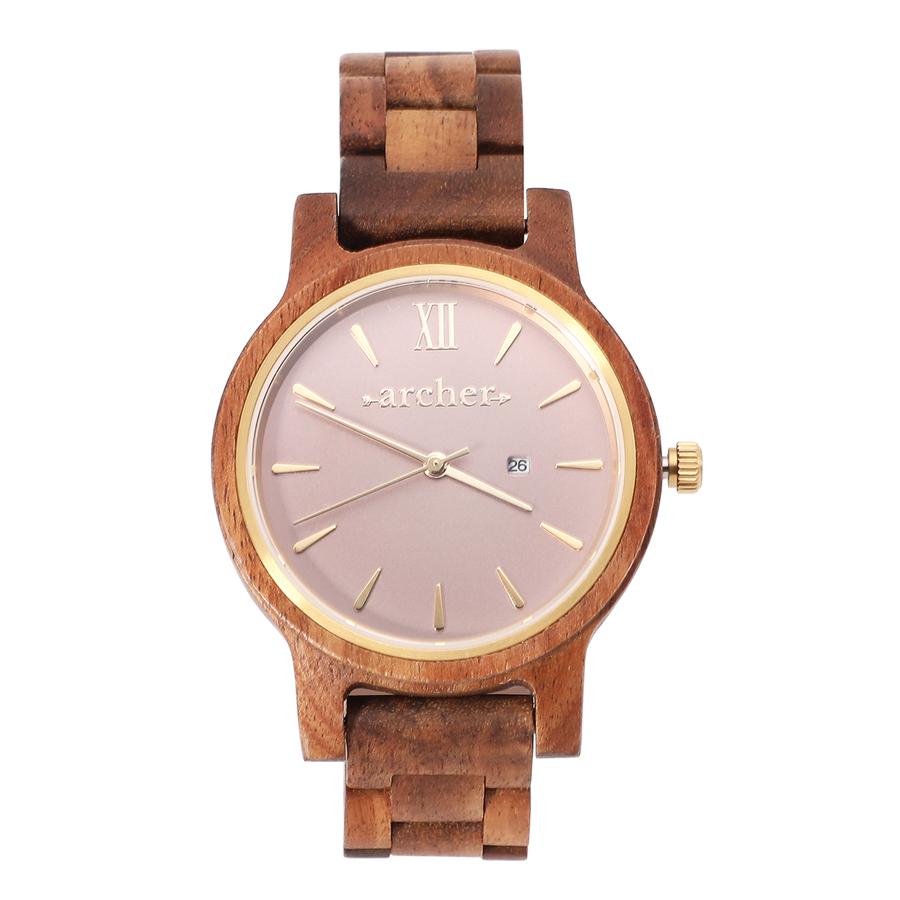 The Graceful Timepiece.   Find elegance in the Willow 38mm watch, like sitting in a field of wildflowers the Willow watch will transport you back to simpler times. Featuring a beautiful blush face accompanied by shining gold details. The Willow is an effortless timepiece crafted with impressive Koa wood, strong sapphire glass coating and a reliable Miyota movement. Our comfortable timepieces provide even weight distribution thanks to the stainless steel backplate