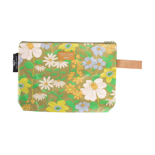 Classic Clutch Sage and Clare x Kollab Floriade The perfect carryall clutch in the prints you love Use as a purse for your sunglasses, key's and phone, a makeup bag, wet bag for your swimwear... or for any storage you need!* Easy zip closure. * Can fit a tablet. * Features reinforced, wrist carry handle.  * L 30cm x H 26cm x D 4cm.